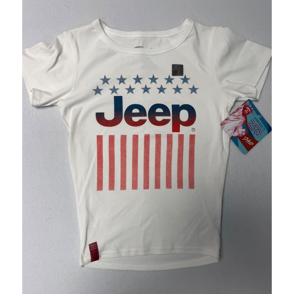 Jeep America 250 Graphic T-Shirt Womens XS White Stars Stripes Patriotic Cotton